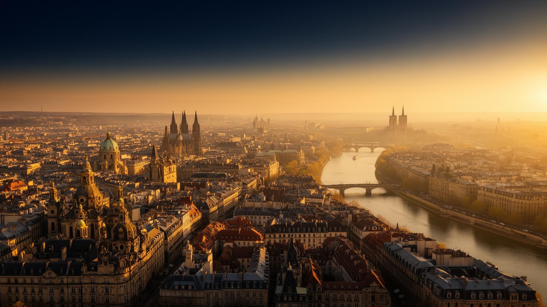 European city rooftops beside a river in warm evening light
